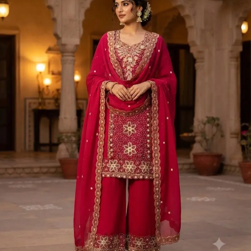 Heavy Embroidered Fersi Salwar Suit Designer 3pc Sharara Set (Size 44) | Luxury Ethnic Wear for Weddings, Festivals & Party