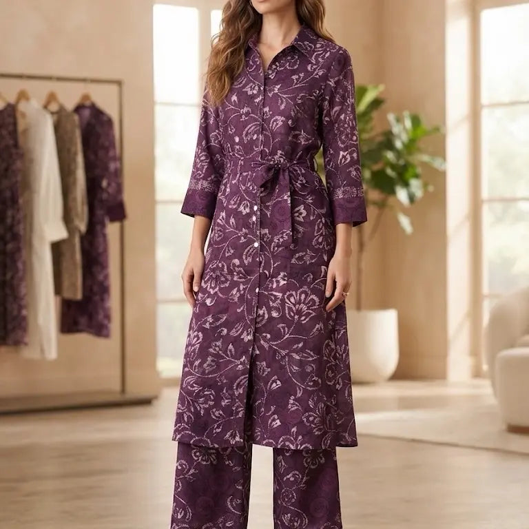 Elegant Onyx Botanical 2 Pc Coord Set XXL - Lightweight Long Shirt and Wide