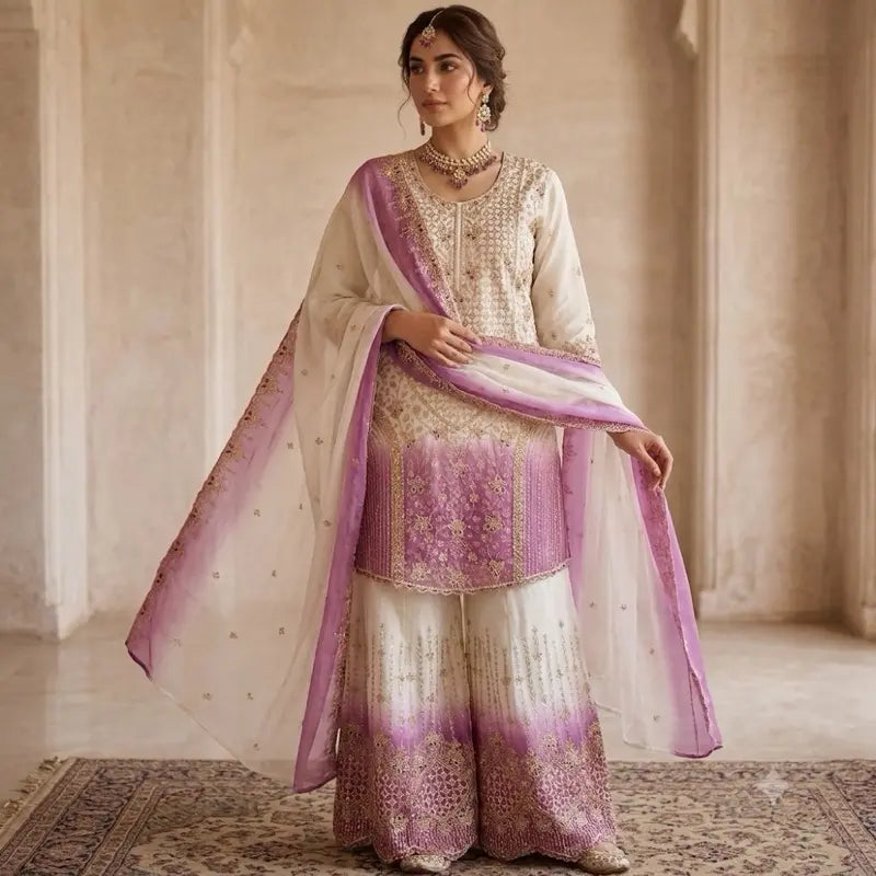 Luxury Embroidered Silk Sharara Set | Traditional 3-Piece Indian Pakistani Ethnic Wear | Elegant Festive Salwar Kameez Suit with Dupatta for Women Size 44
