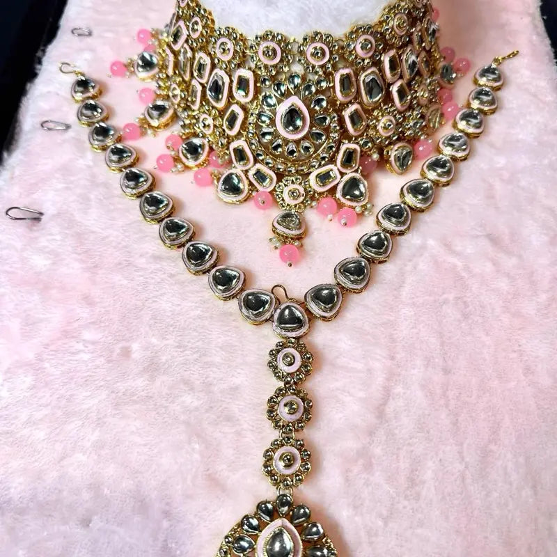Pink Traditional Maroon & Gold Kundan Bridal Set Heavy Choker Jhumka Earrings Maang Tikka Passa and Nath Full Dulhan Jewelry Collection
