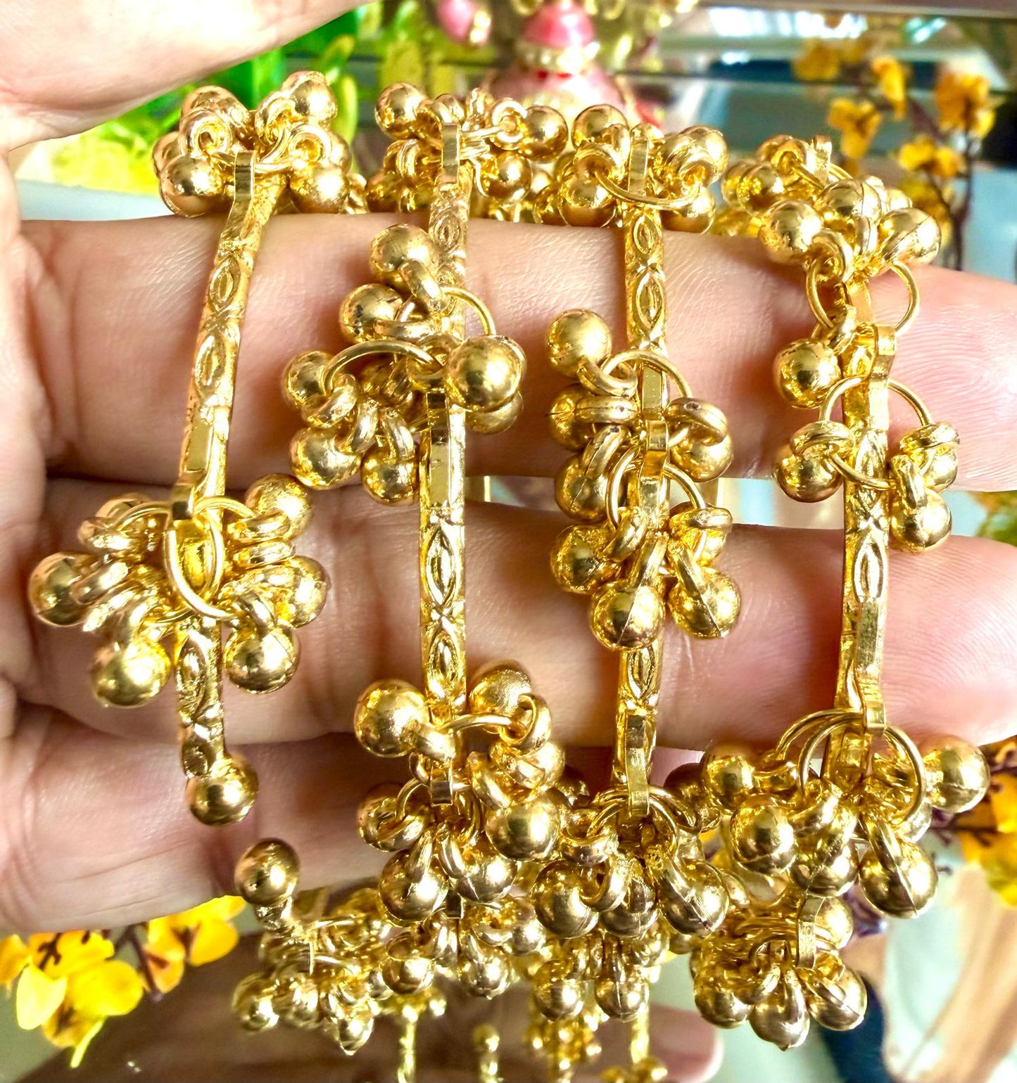 4pcs Traditional Kashmiri Adjustable Bangle Set with Hanging Ghungroo Style Bead Clusters - Ethnic Statement Jewelry