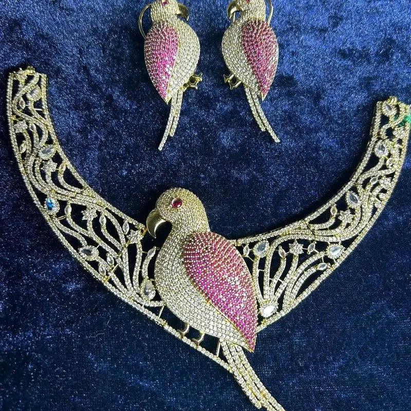 Luxury Crystal Parrot Jewelry Set | Gold Plated Necklace & Earrings | Tropical Bird Statement Suite