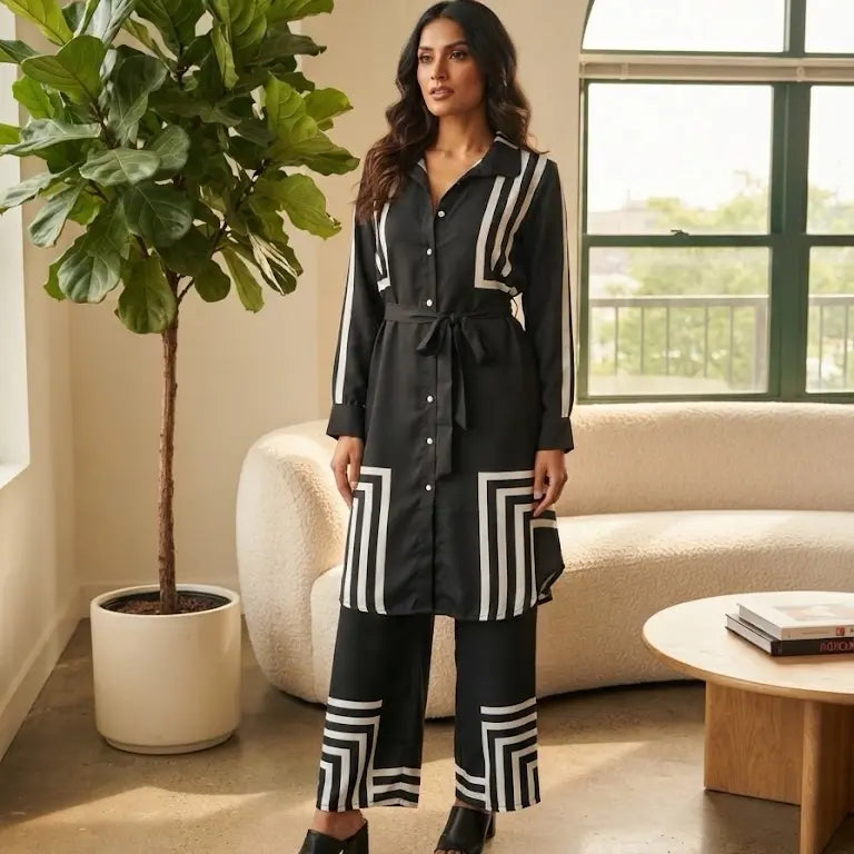 Geometric Print 2-Piece Co-ord Set | Tie-Waist Button-Down Long Shirt & Wide-Leg Pants Matching Set