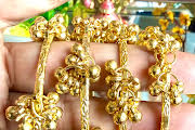 "Traditional Kashmiri Adjustable Bangle Set with Hanging Gold Ghungroo-Style Bead Clusters"