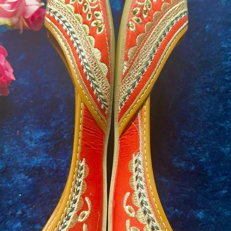Handcrafted Velvet Punjabi Jutti – Red & Gold Bridal Khussa with Zari Embroidery & Sequin Detail | Traditional Ethnic Flat Mules