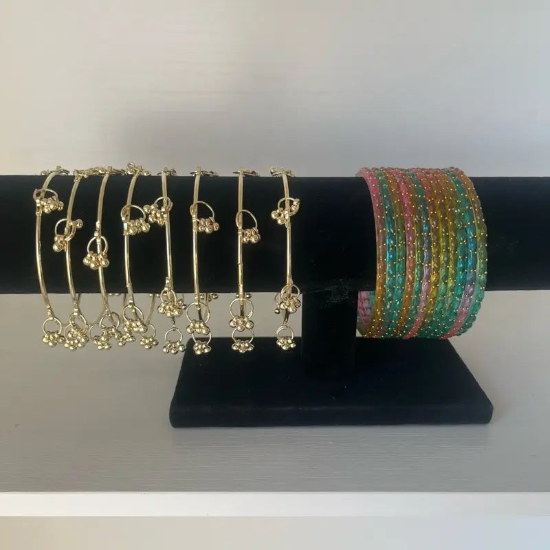 Vibrant Style Set: 12 Kashmiri Glass Bangles & 4 Gold-Tone Accent Pieces