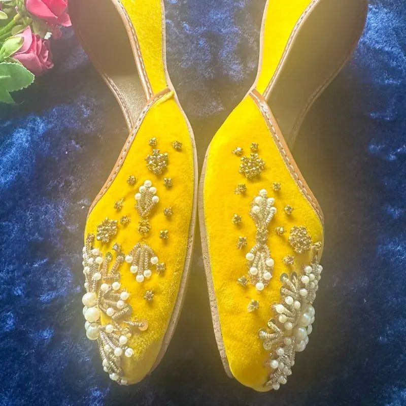 Handcrafted Velvet Mustard Juttis/Khussa with Pearl Embellishment | Traditional Indian Ethnic Flat Shoes for Women | Elegant Wedding & Festive Mojaris Footwear