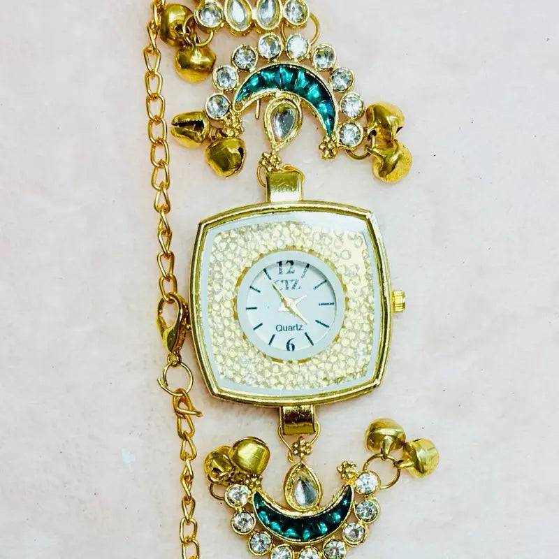 Kashmiri Ghungroo Bracelet Watch Collection - Traditional Design with Gold Chain and Pearl Accents