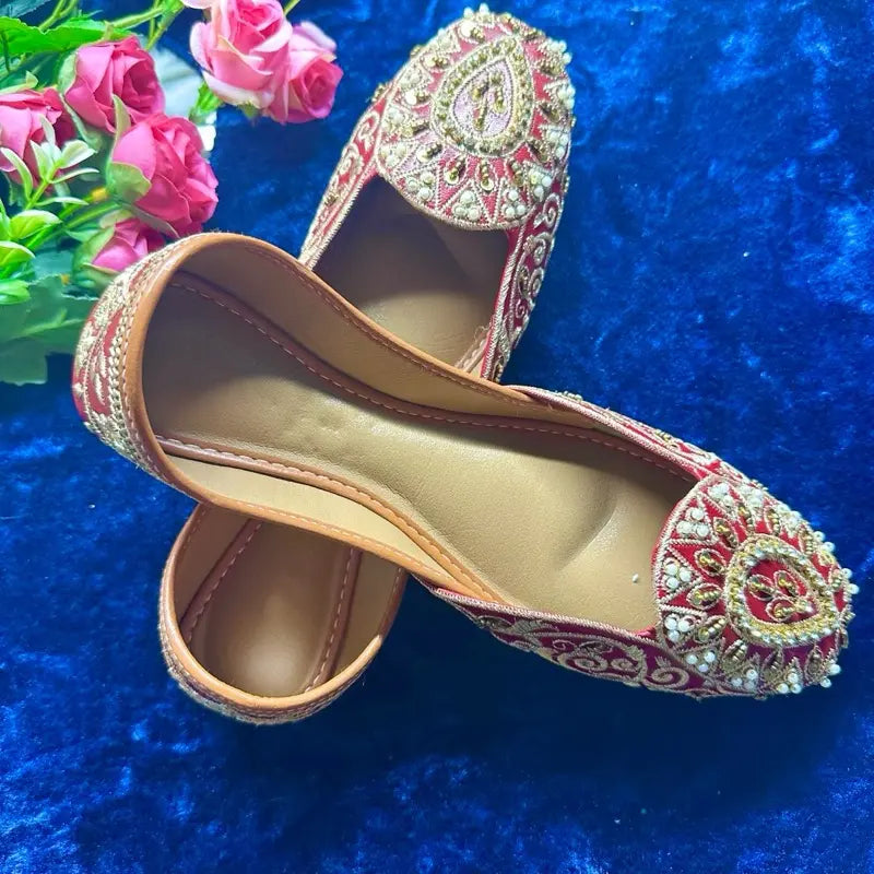 Handmade Embroidered Red Khussa for Women | Traditional Punjabi Jutti | Festive Wedding & Party Wear Ethnic Flats