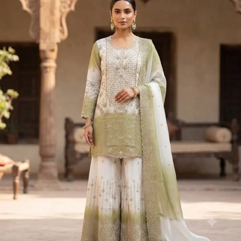 Luxury Embroidered Silk Sharara Set | Traditional 3-Piece Indian Pakistani Ethnic Wear | Elegant Festive Salwar Kameez Suit with Dupatta for Women Size 44