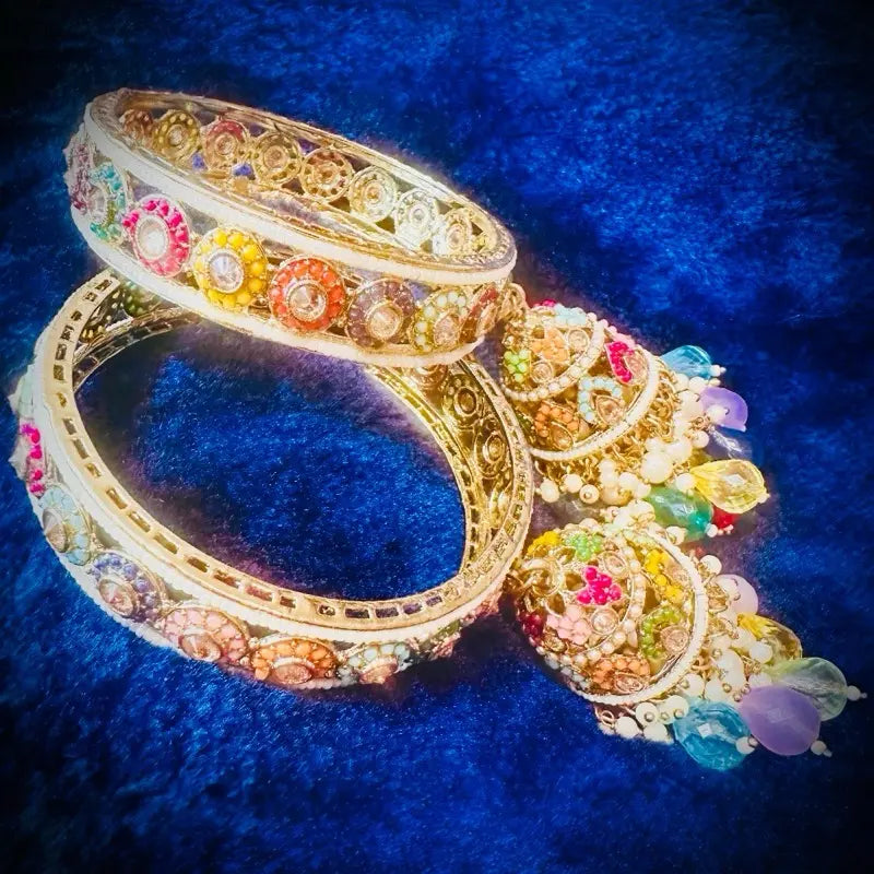 2pcs set Handmade Kundan & Multi-Color Stone Kada Bangles with Jhumka Latkan | Traditional Ethnic Bridal Jewelry Set
