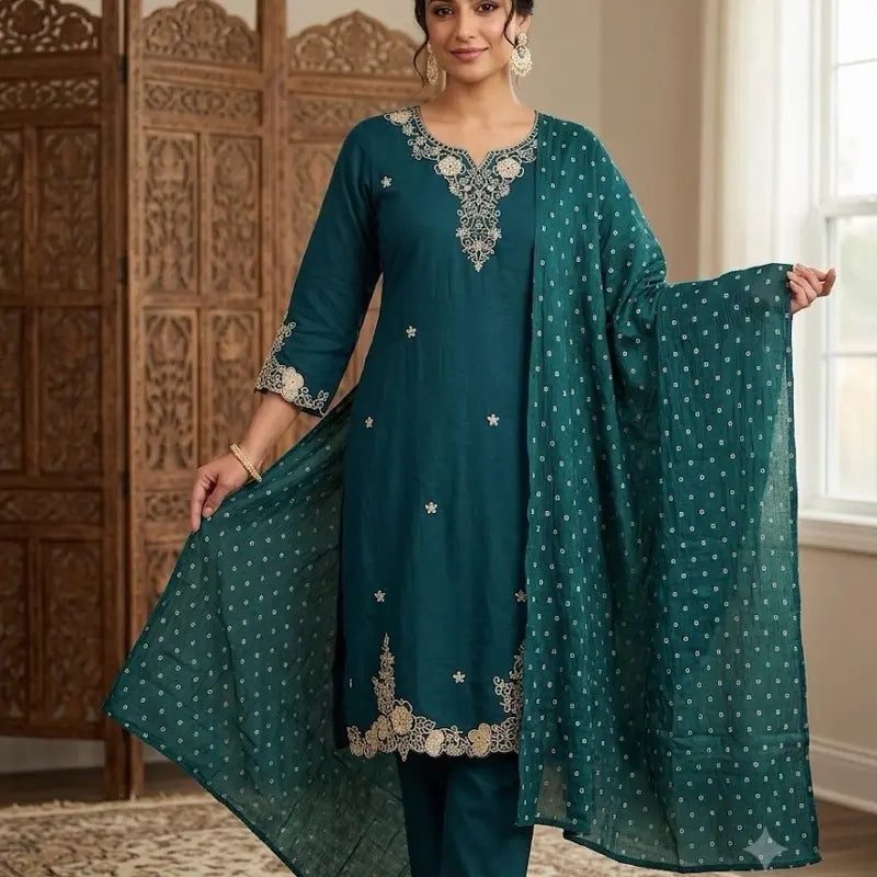 Premium 3-Piece Salwar Kameez Set | Traditional Embroidered Chikankari Kurti with Pant & Dupatta | Elegant Casual & Festive Ethnic Wear for Women