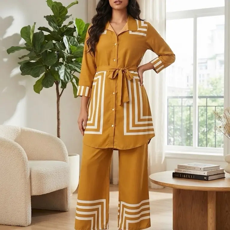 Geometric Print 2-Piece Co-ord Set | Tie-Waist Button-Down Long Shirt & Wide-Leg Pants Matching Set