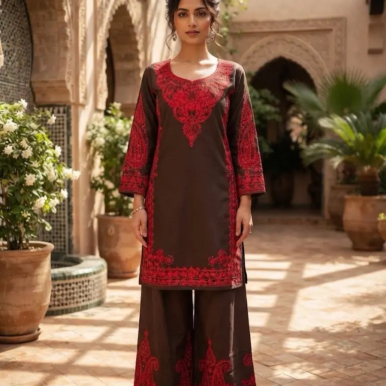 Women's 2-Piece Embroidered Kurta Set | Ferozi Festive Outfit (Size 38, Length 40")