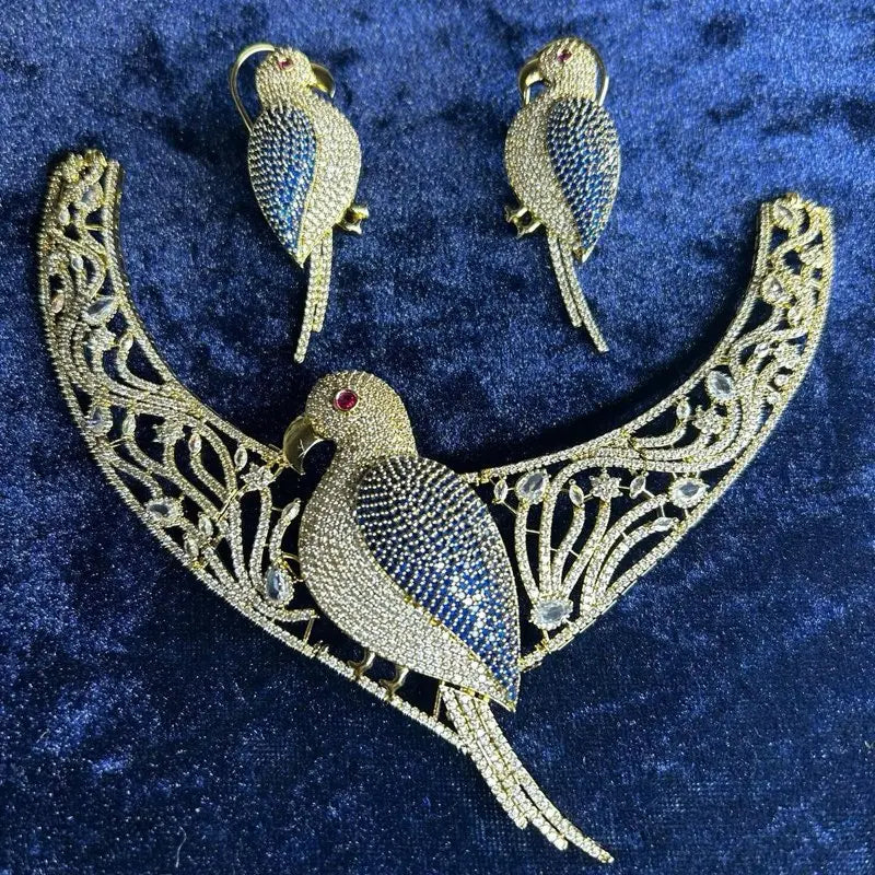 Luxury Crystal Parrot Jewelry Set | Gold Plated Necklace & Earrings | Tropical Bird Statement Suite