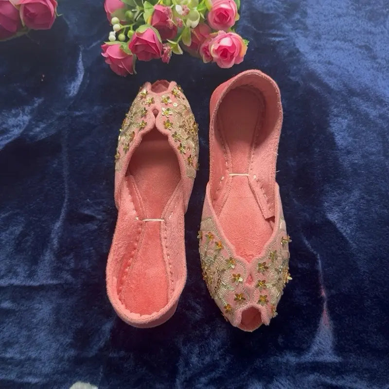 Traditional Punjabi Khussa Shoes | Pink Velvet Mojari with Gold Sequin Work | Ethnic Bridal Footwear