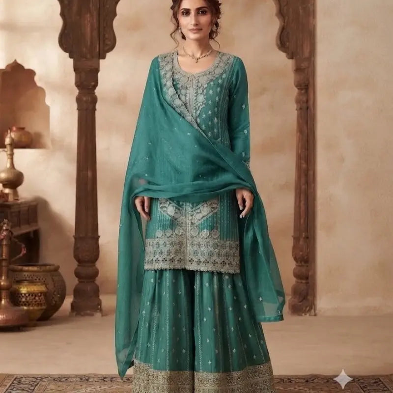 Luxury Embroidered Silk Sharara Set | Traditional 3-Piece Indian Pakistani Ethnic Wear | Elegant Festive Salwar Kameez Suit with Dupatta for Women Size 46
