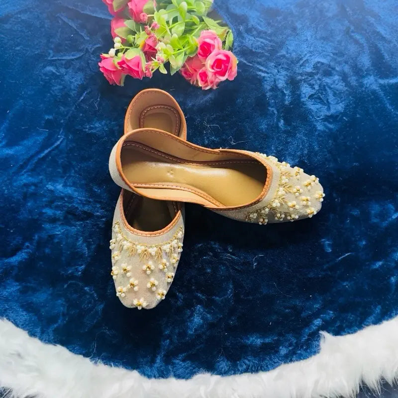 Handcrafted Pearl Embellished Punjabi Juttis | Bridal & Festive Wear Bronze