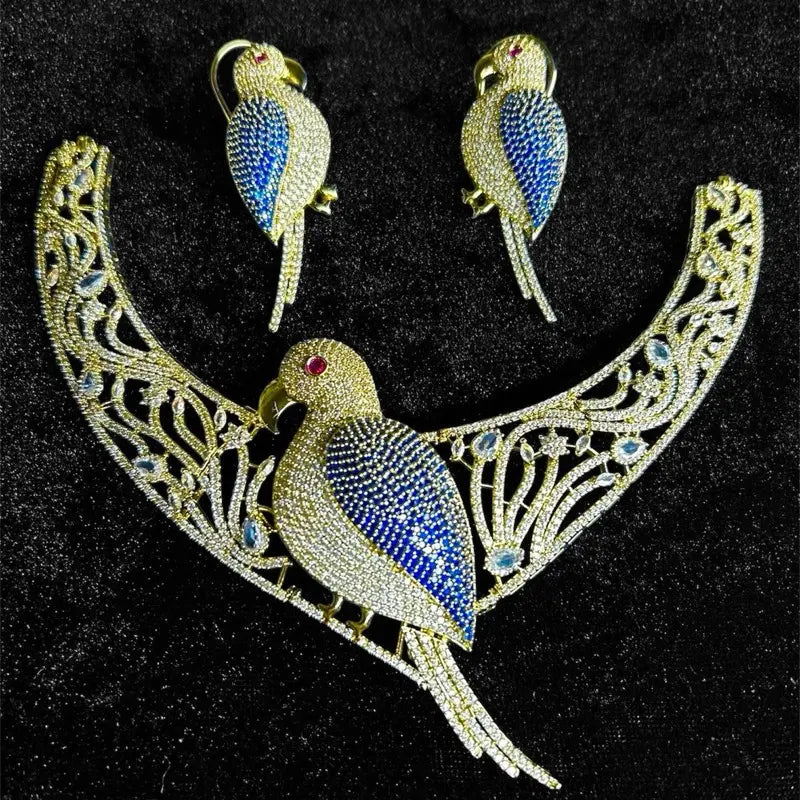 Luxury Crystal Parrot Jewelry Set | Gold Plated Necklace & Earrings | Tropical Bird Statement Suite