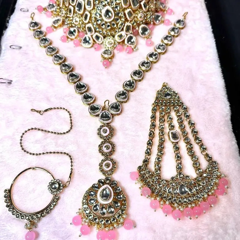 Pink Traditional Maroon & Gold Kundan Bridal Set Heavy Choker Jhumka Earrings Maang Tikka Passa and Nath Full Dulhan Jewelry Collection