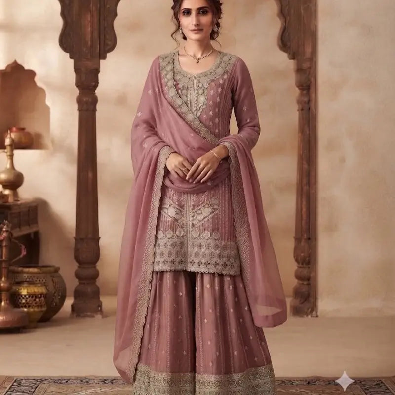 Luxury Embroidered Silk Sharara Set | Traditional 3-Piece Indian Pakistani Ethnic Wear | Elegant Festive Salwar Kameez Suit with Dupatta for Women Size 46