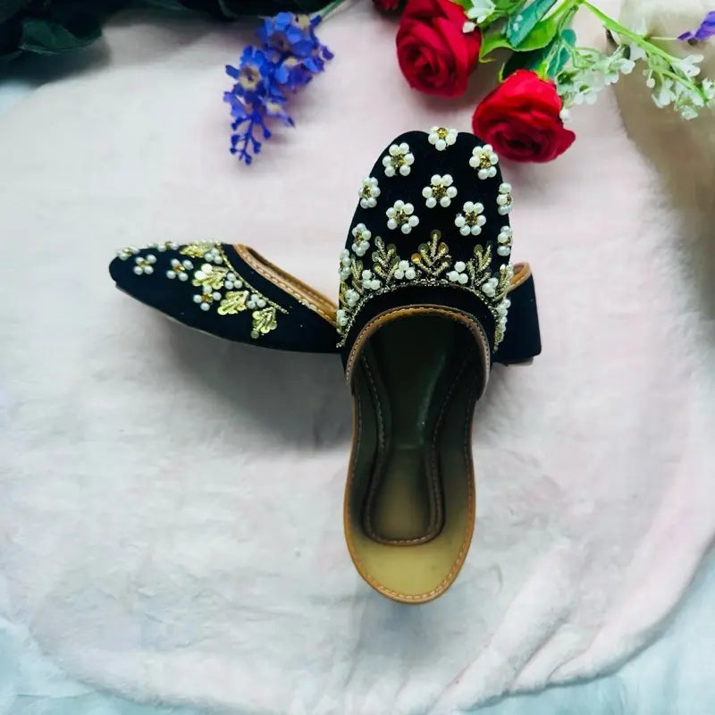 Handmade Velvet Punjabi Juttis - Black & Gold Pearl Embellished Mojaris | Traditional Indian Wedding & Party Wear Flats
