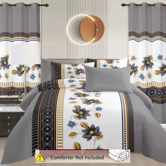 King Size 8-Piece Cotton Bedding Set with, 4 Pillowcases, Flat & Fitted Sheets, 2 Curtains, and (No Comforter) Coordinated Wall Art – Complete Modern Bedroom Décor Ensemble