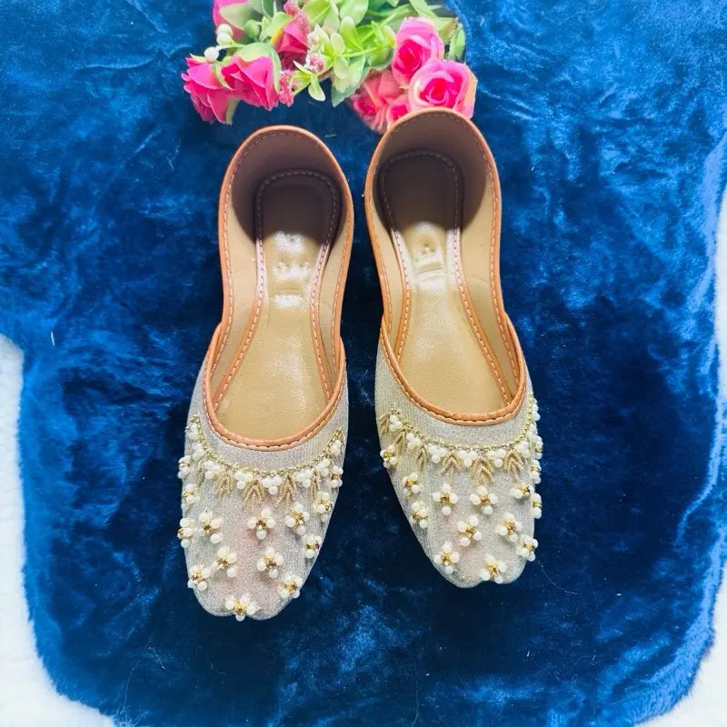 Handcrafted Pearl Embellished Punjabi Juttis | Bridal & Festive Wear Bronze