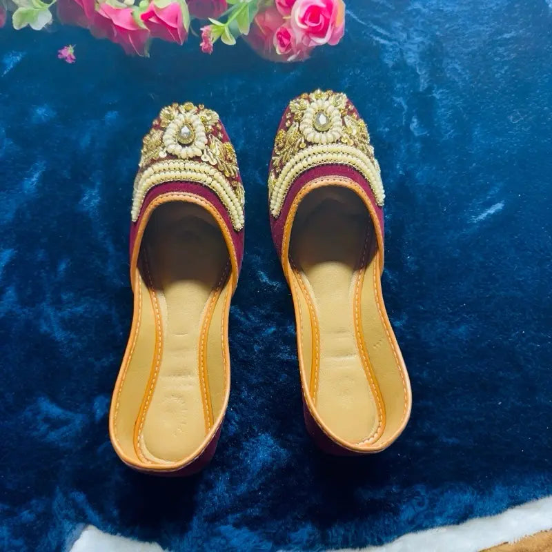 Handcrafted Maroon Velvet Punjabi Jutti – Embroidered Bridal Mojari with Pearls & Zari Work – Ethnic Traditional Indian Wedding Footwear for Women
