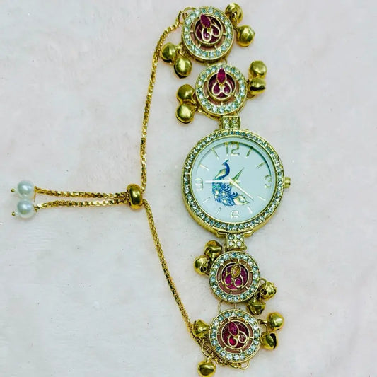 Kashmiri Ghungroo Bracelet Watch Collection - Traditional Design with Gold Chain and Pearl Accents