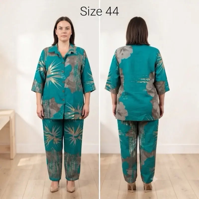 Women’s Red Printed 2Pc Co-Ord Set Size 44 Button Shirt Matching Pants