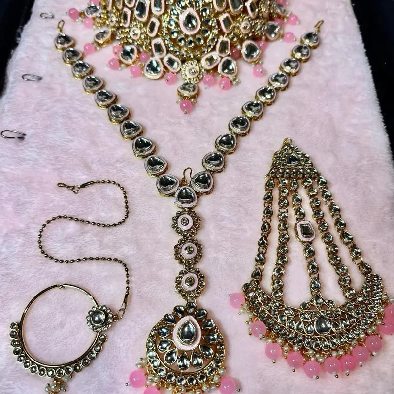 Pink Traditional Maroon & Gold Kundan Bridal Set Heavy Choker Jhumka Earrings Maang Tikka Passa and Nath Full Dulhan Jewelry Collection