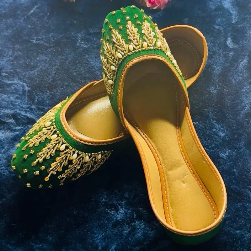 Handmade Velvet Green Bridal Jutti - Traditional Punjabi Khussa with Gold Zardosi Embroidery - Ethnic Wedding Flats