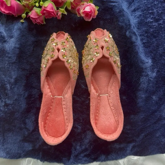 Traditional Punjabi Khussa Shoes | Pink Velvet Mojari with Gold Sequin Work | Ethnic Bridal Footwear