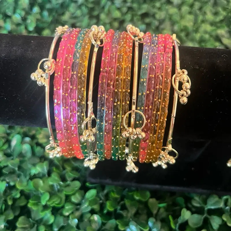 Vibrant Style Set: 12 Kashmiri Glass Bangles & 4 Gold-Tone Accent Pieces