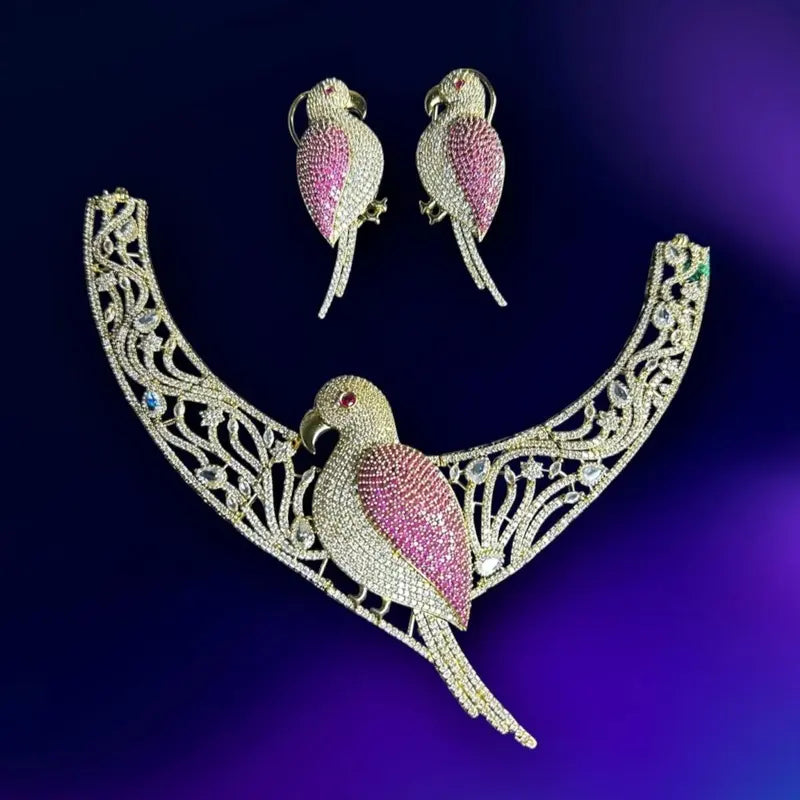 Luxury Crystal Parrot Jewelry Set | Gold Plated Necklace & Earrings | Tropical Bird Statement Suite