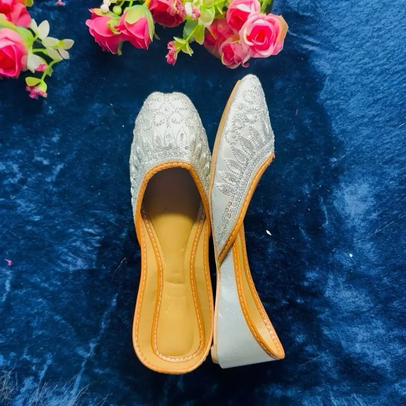 Premium Leather Silver Sequin Khussa - Handcrafted Punjabi Jutti for Weddings & Eid | Ethnic Festive Bridal Flats