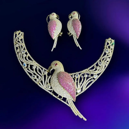 Luxury Crystal Parrot Jewelry Set | Gold Plated Necklace & Earrings | Tropical Bird Statement Suite