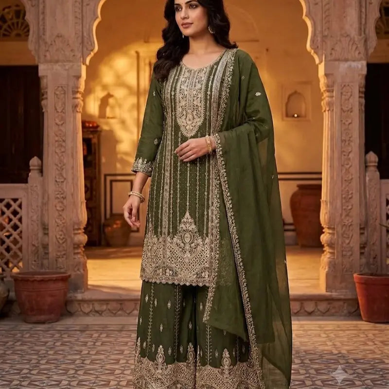 Heavy Embroidered Fersi Salwar Suit Designer 3pc Sharara Set (Size 46) | Luxury