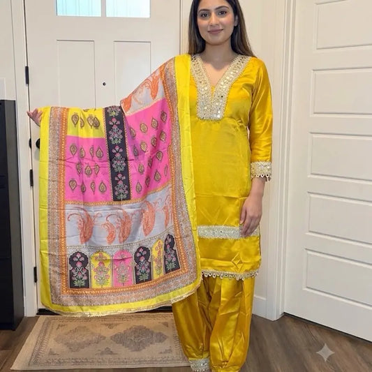 Women's Elegant Ethnic Kurta Set with Embroidered Floral Details and Sheer Mesh Dupatta Stylish Three-Piece Traditional Suit for Festivals and Weddings Size 40
