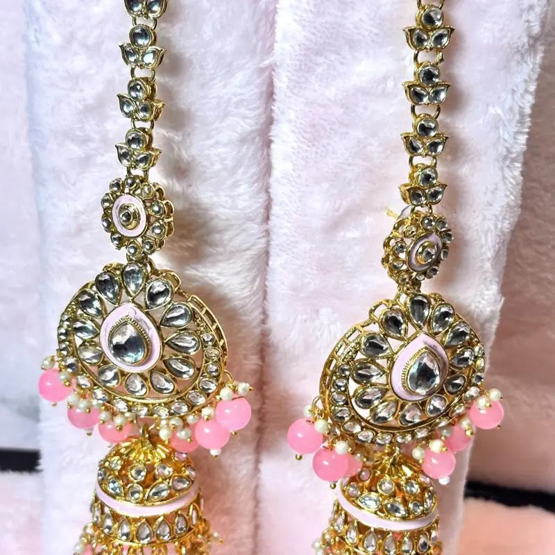 Pink Traditional Maroon & Gold Kundan Bridal Set Heavy Choker Jhumka Earrings Maang Tikka Passa and Nath Full Dulhan Jewelry Collection