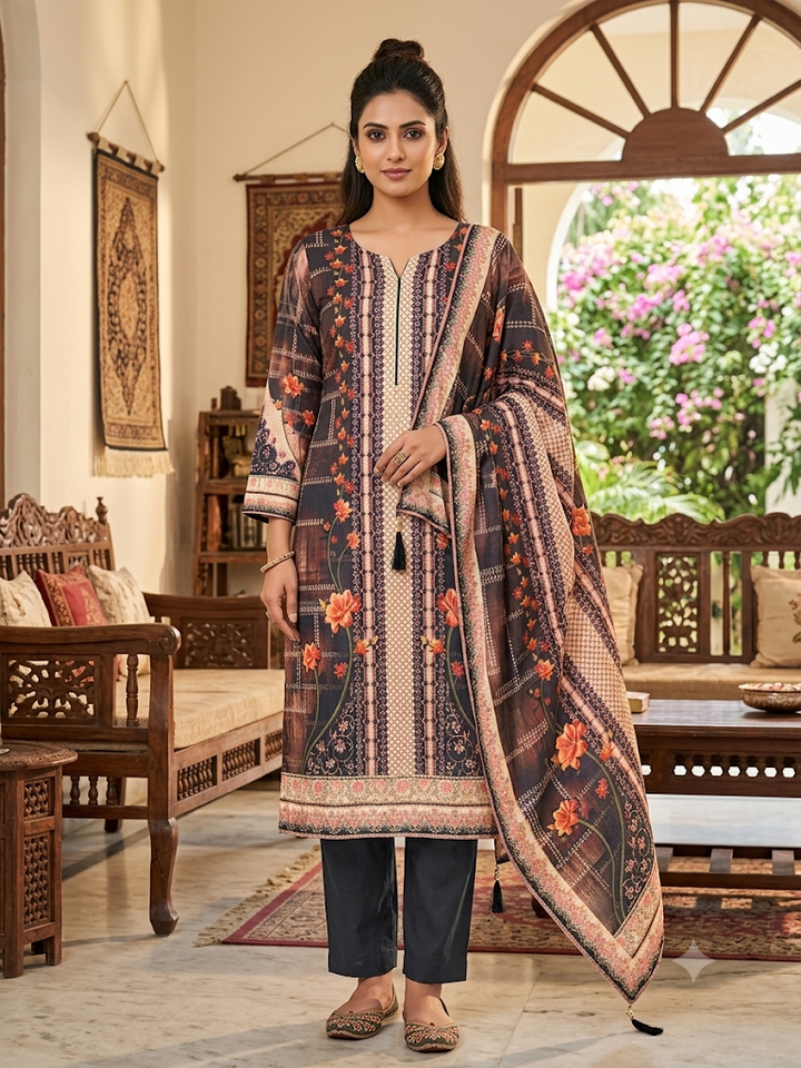 Women's Floral Print Kurta Set with Dupatta Elegant Three-Piece Outfit Ethnic Wear Trousers and Casual Kurti Set Traditional Festive Wear
