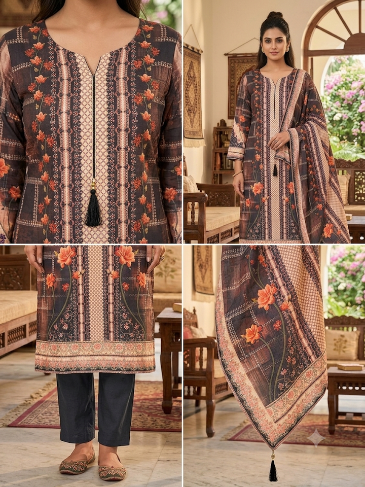 Women's Floral Print Kurta Set with Dupatta Elegant Three-Piece Outfit Ethnic Wear Trousers and Casual Kurti Set Traditional Festive Wear