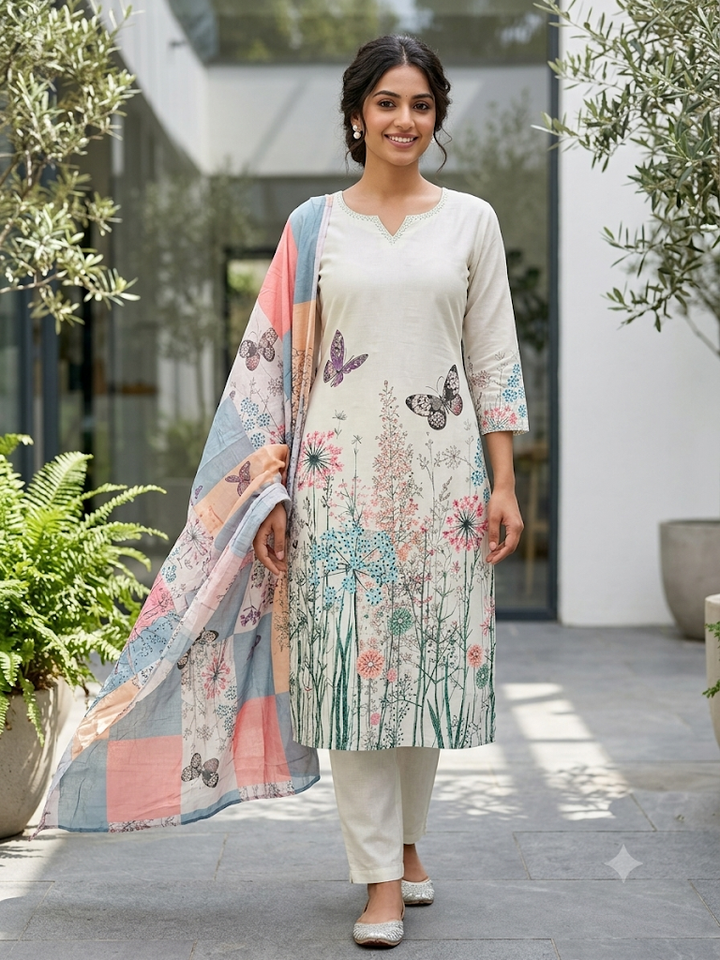 **Women's Floral & Butterfly Print Kurta Set with Dupatta Elegant Three-Piece Outfit Ethnic Wear Trousers and Casual Kurti Set Spring Summer Collection**