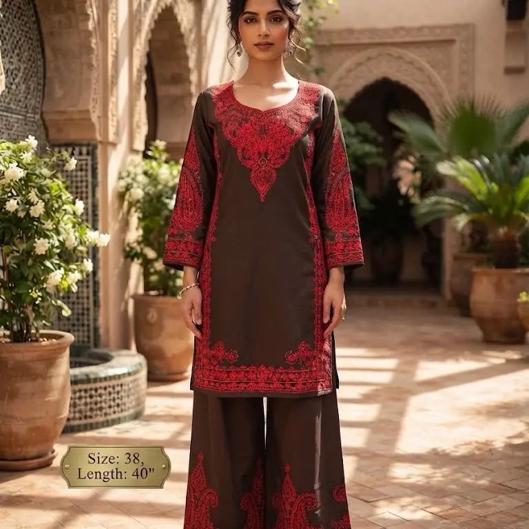 Women's 2-Piece Embroidered Kurta Set | Ferozi Festive Outfit (Size 38, Length 40")