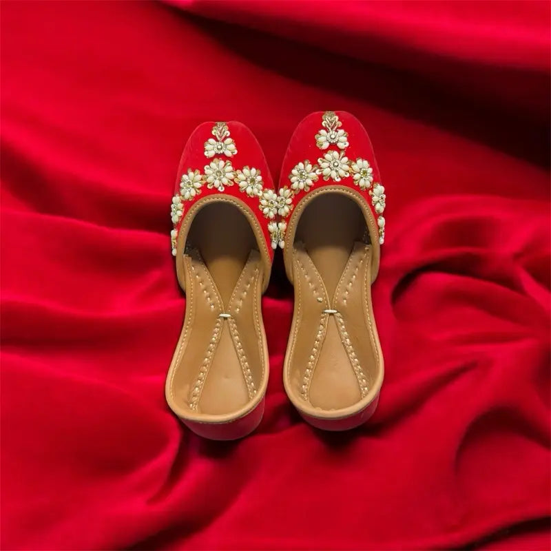 Handmade Velvet Bridal Mojaris - Elegant Red & Gold Traditional Footwear