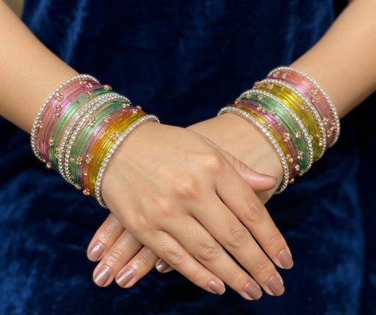 Premium Multicolor Glass & Diamond-Accented Bangle Stack, Traditional Indian Ethnic Jewelry Set for Women and Girls, Designer Party Wear Traditional Kada Bangles