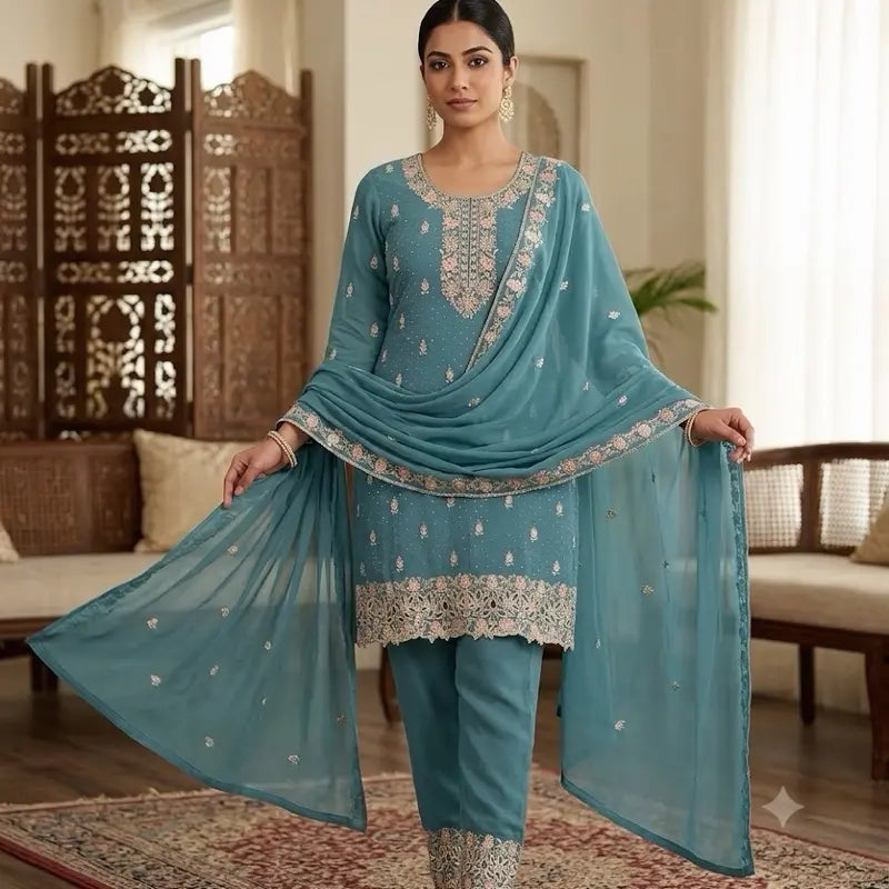 Heavy Embroidered Fersi Salwar Suit Designer 3pc Sharara Set (Size 42) | Luxury Ethnic Wear for Weddings, Festivals & Party