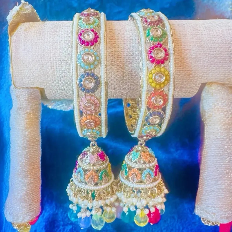 2pcs set Handmade Kundan & Multi-Color Stone Kada Bangles with Jhumka Latkan | Traditional Ethnic Bridal Jewelry Set