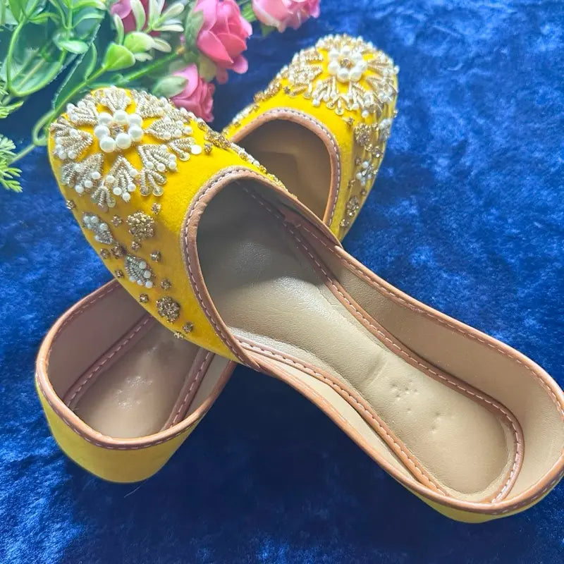 Handcrafted Velvet Mustard Juttis/Khussa with Pearl Embellishment | Traditional Indian Ethnic Flat Shoes for Women | Elegant Wedding & Festive Mojaris Footwear